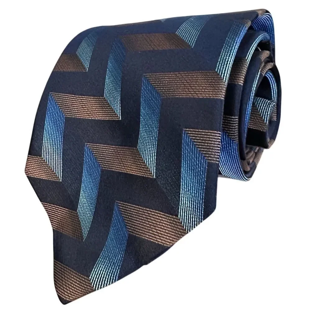 Bugatti Men's Silk Tie‎ Blue Brown Chevron Geometric Pattern USA